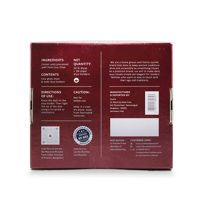 Cow Ghee Diya Gift Box - 30 Ghee Wicks & 2 Steel Diyas | 30min Burning Time | Wax Free Cow ghee Diya for puja | Swaha