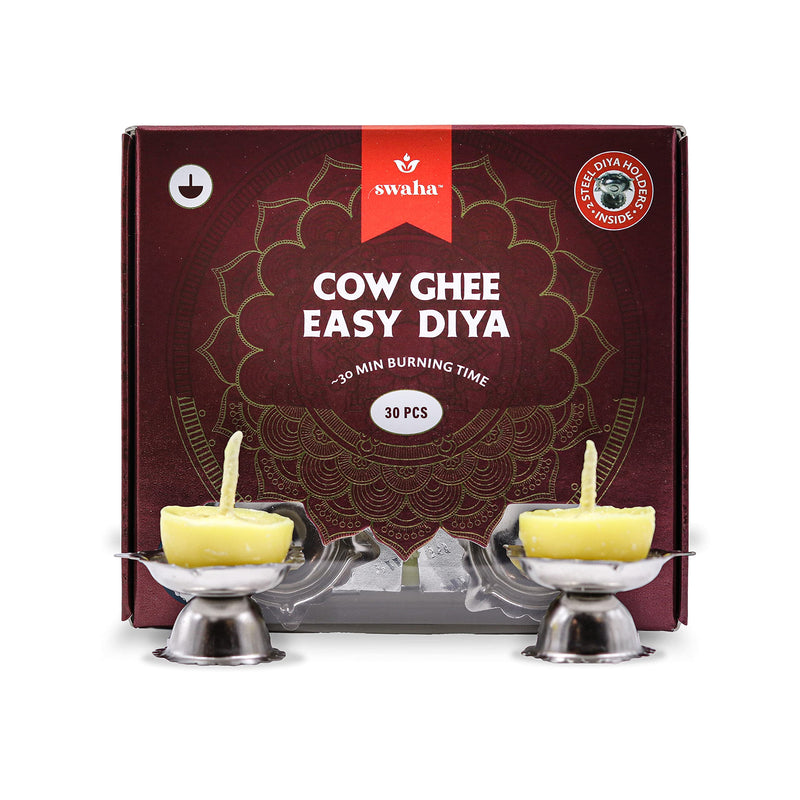 Cow Ghee Diya Gift Box - 30 Ghee Wicks & 2 Steel Diyas | 30min Burning Time | Wax Free Cow ghee Diya for puja | Swaha