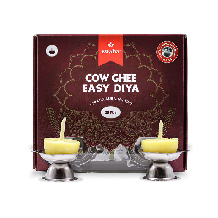 Swaha Cow Ghee Diya Gift Box - 30 Ghee Wicks & 2 Steel Diyas | 30min Burning Time | Wax Free Cow ghee Diya for puja