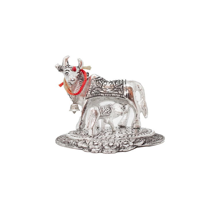 Swaha Cow And Calf | Kamdhenu Cow Statue | Silver Color Sacared Animal Idols | Pooja and Decorations