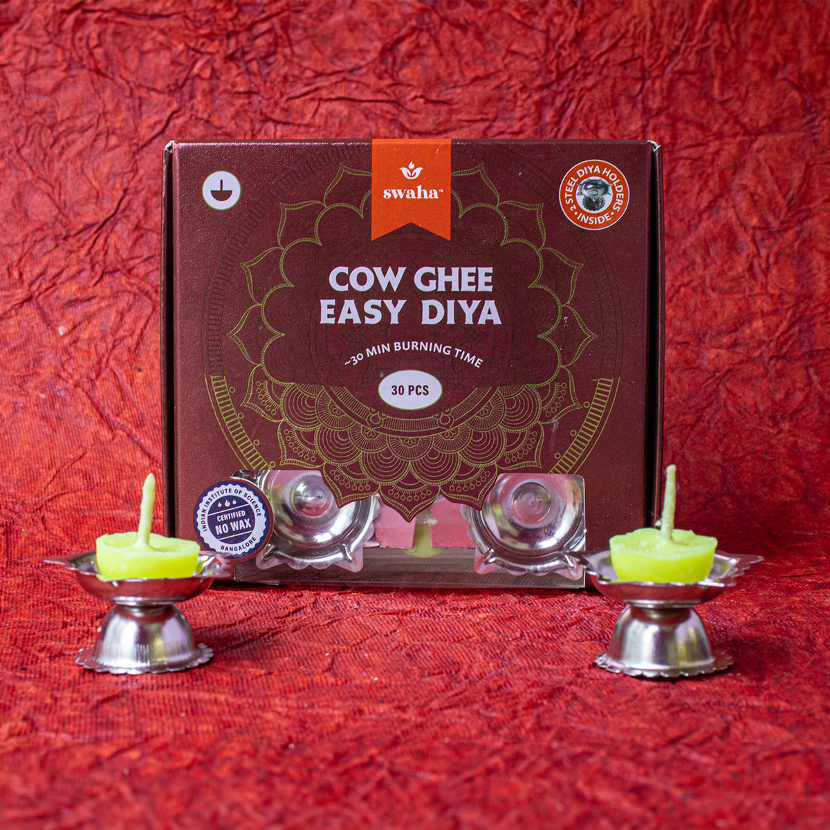 Swaha Cow Ghee Diya Gift Box 30 Ghee Wicks & 2 Steel Diyas Smt Tar