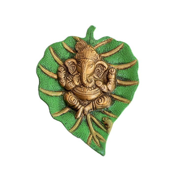 Swaha Leaf Ganesha | Wall Hanging Green and Golden Color Ganapathi Idols | Religious Decor for Home | God Showpiece
