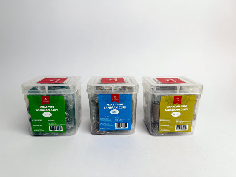 Chandan Mini Sambrani Cups 25 Pcs With Stand | Swaha