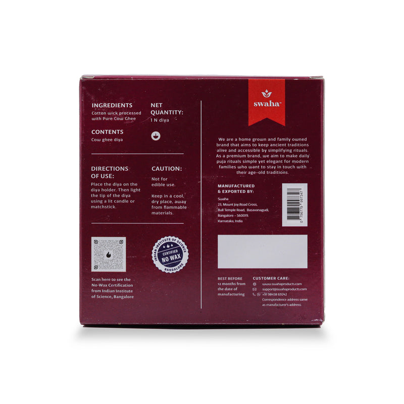 Cow Ghee Diya Wicks |8hrs Burning Time| Pack of 2 | Swaha