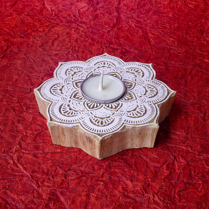 Swaha Wooden Block With Tea Lights - Smt Taraben Doshi Aarti Thali Competition 2023 - Top 500 Design