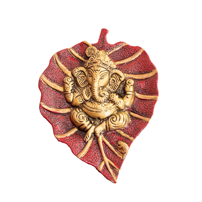 Swaha Leaf Ganesha | Wall Hanging Red and Golden Color Ganapathi Idols | Religious Decor for Home | God Showpiece