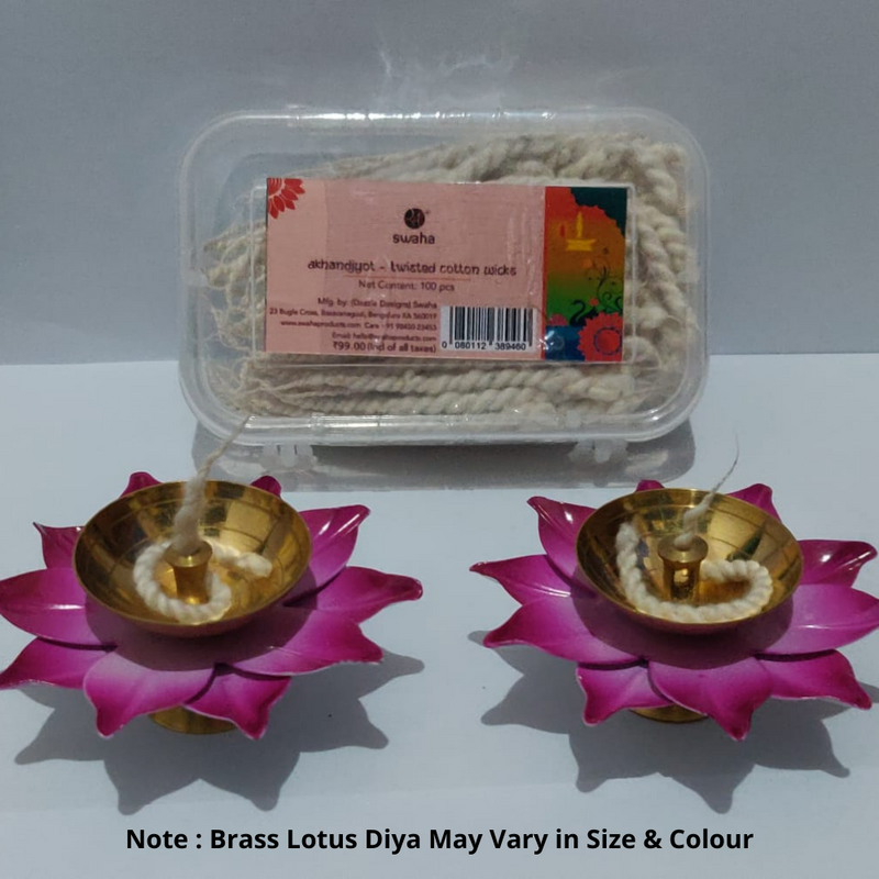 Lotus Diya Pack of 2 & Akhand Jyoth Short Wicks | Swaha